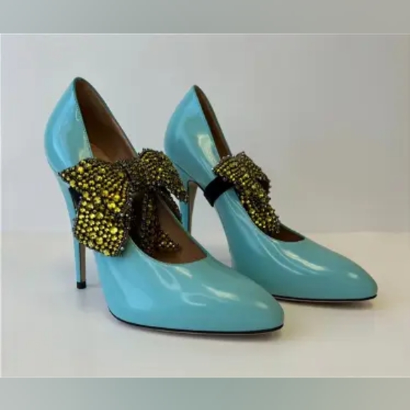 Gucci Light Blue High Heels, Deattachable Yellow Crystal Bow - Picture 1 of 3